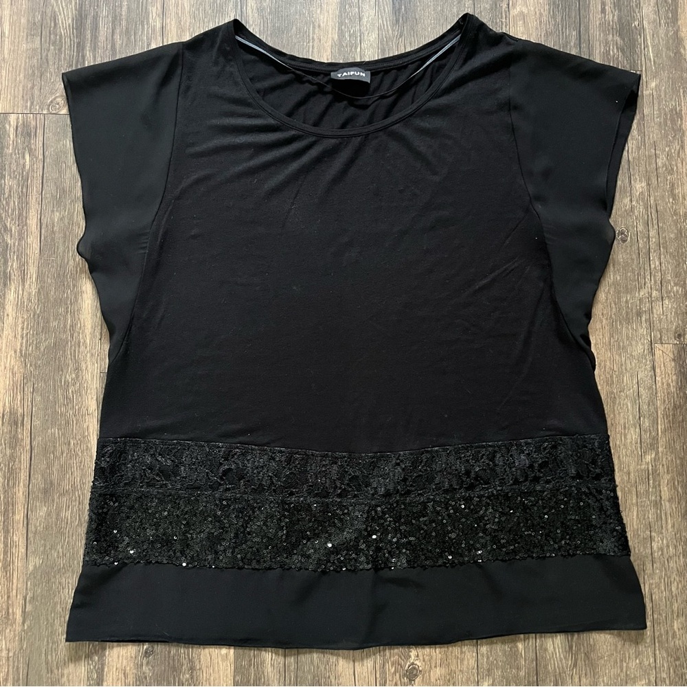 Taifun 80s Vtg Black Short Sleeves Round Neck Sequin Hem Women's Top T-Shirt L - Picture 5 of 11